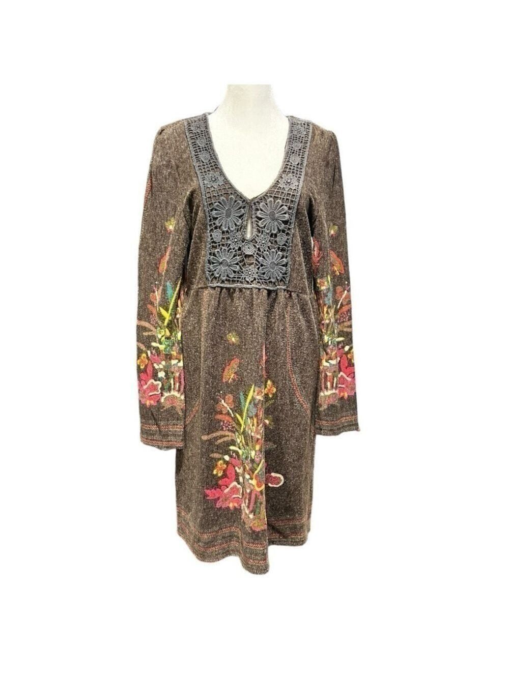 Aryeh Anthropologie Knit Dress Women’s M Brown Sheath Mod Colorful Floral Boho